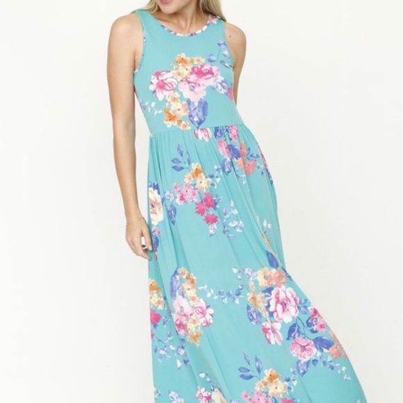 Turquoise Maxi floral dress Made in USA - Picture 2 of 3